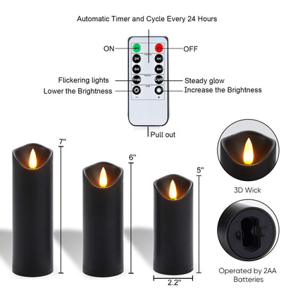 Homemory Black Flameless Candles, Halloween Candles, Battery Operated Candles, LED Pillar Candles with Remote Control and Timers, Set of 9