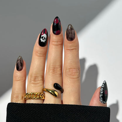 24 Pcs Black Nails Halloween Press on Nails Medium Length Fake Nails Almond RIICFDD False Nails with Red Rose and Skull Pattern Design Full Cover Horror Stick on Nails for Women and Girls