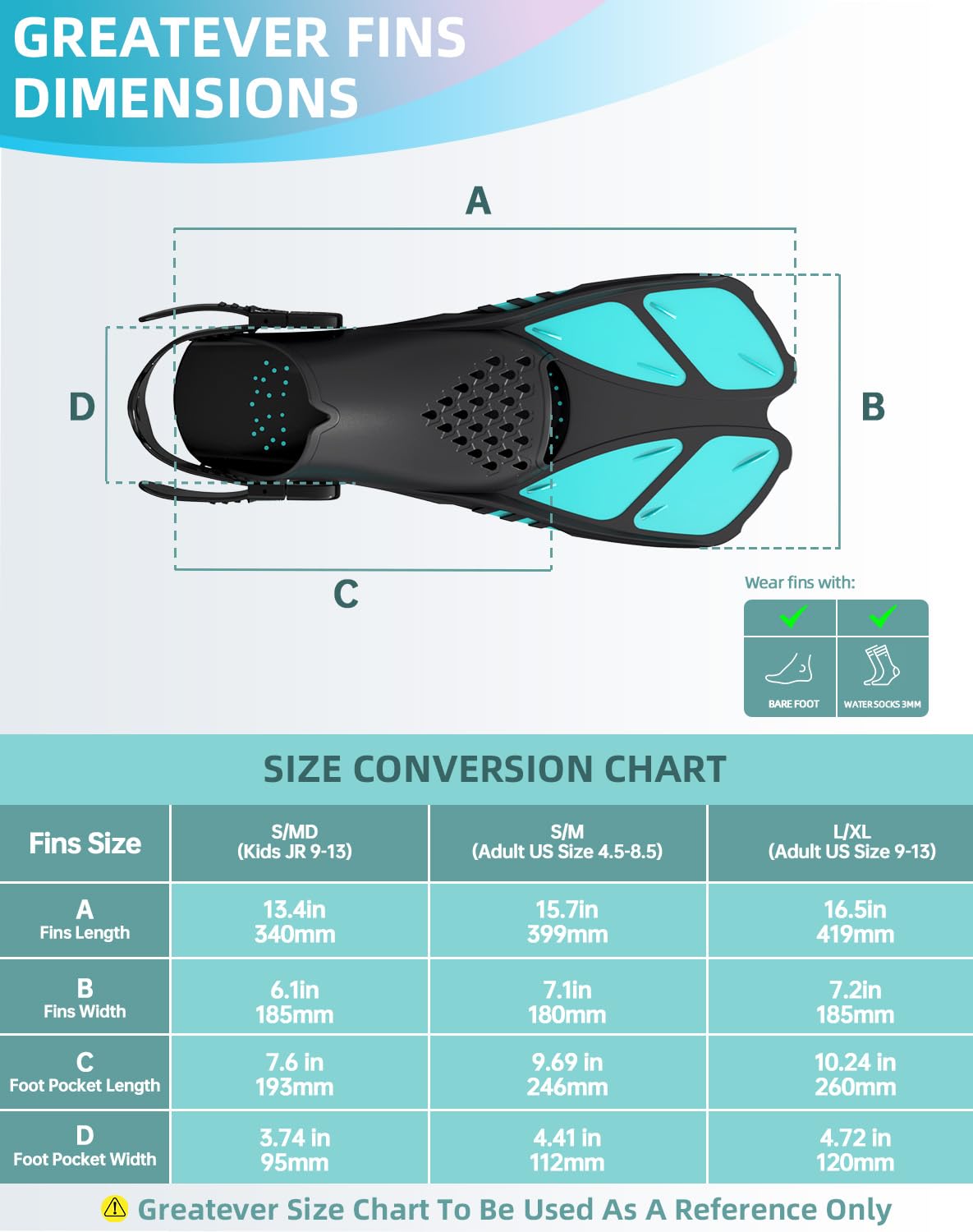 Greatever Snorkel Fins Adjustable Buckles Open Heel Swim Flippers Travel Size Short Swim Fins for Snorkeling Diving Swimming Adult Men Womens
