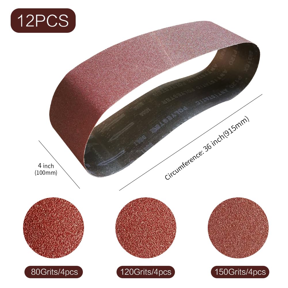 4x36 4 x 36 inch Sanding Belt Pack 4-Inch x 36-Inch,12 Pcs(4 Each of 80 120 150 Grits) Aluminum Oxide for Sander