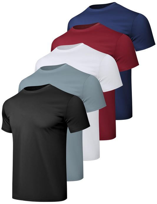 HovSiyla 5 Pack Workout Shirts for Men Athletic Running Gym Quick Dry Short Sleeve Performance Moisture Wicking T Shirt Black/Grey/White/Burgundy/Navy Blue-L