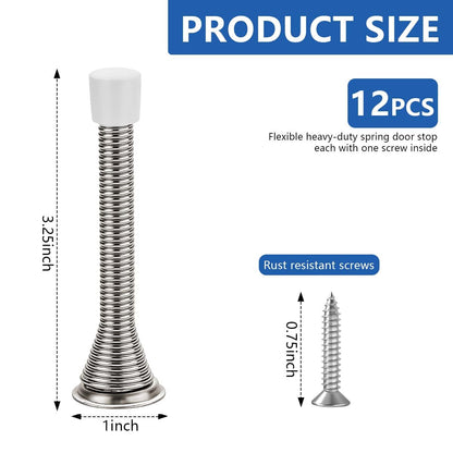 KISEER 12 Pack Spring Door Stops 3 1/4 Inch Flexible Heavy Duty Spring Door Stopper with RustProof Screw Rubber Bumper Tips (Satin Nickel)