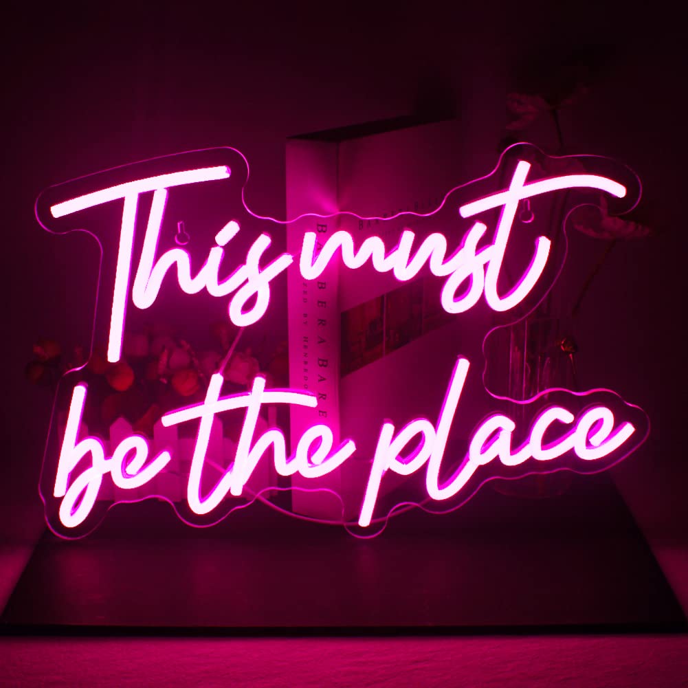 This Must Be The Place Neon Sign Warm White Letter Led Signs for Wall Decor Usb Word Light Up Signs for Bedroom Salon Man Cave Beer Home Bar Wedding Birthday Party Decor Gifts