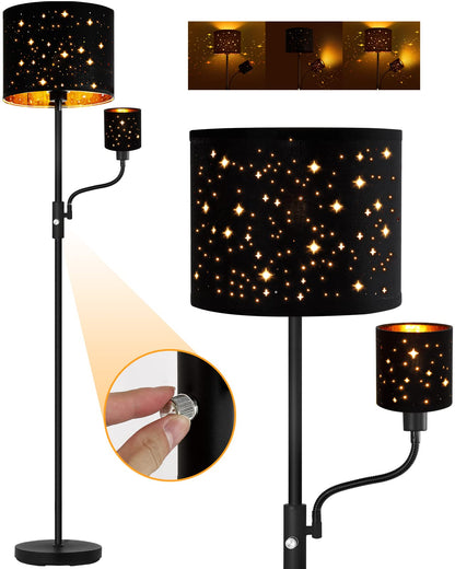 Floor Lamp Black, Reading Standing Lamps for Living Room, 62" Tall Torchiere Lamp for Kids Room, 3-Way Switch, Star-Gold Lampshade, Modern Goth Decor for Bedroom/Office, Bulbs Not Included(E26 Base)