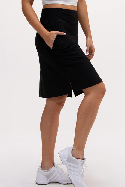 DEVOPS Women's Modest Knee Length Athletic Tennis Skort with Pockets Running Golf Workout Skirts (Medium, Black/Red)