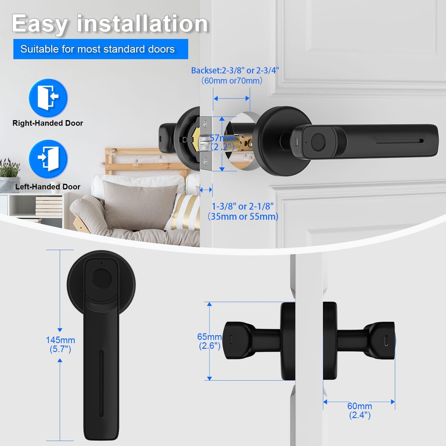 IKOED Fingerprint Door Lock with Smart APP,Fingerprint Door Knob,Biometric Door Knob Keyless Entry Door Lock with Tuya for Home/Bedroom/Office/Apartment/Airbnb Black
