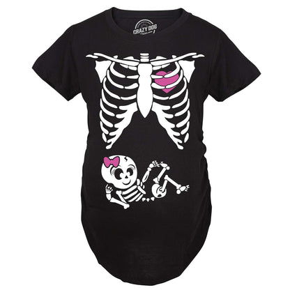 Crazy Dog Womens Maternity T Shirt Funny Skeleton It's A Girl Baby Annoucement Halloween Graphic Novelty Tee Cute Pregnancy Announcement Halloween Costume Black L
