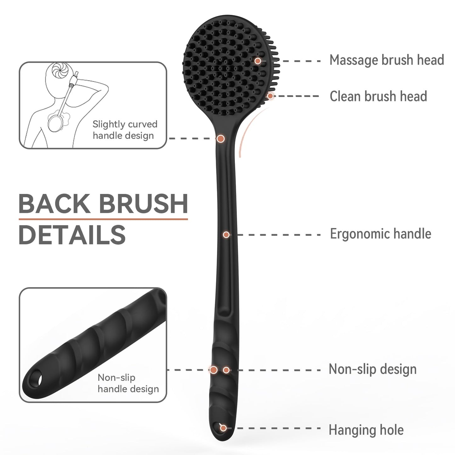 3 PCS Silicone Bath Brush Set,Back Scrubber & Body Brush & Face Brush Set, Super-Exfoliating & Lathering Body Scrubber, Shower Brush, Face Scrubber Combination for HomeBathroom Hotel Travel.(Black)