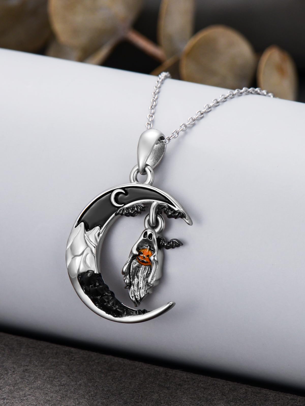 Flpruy Halloween Ghost Necklace 925 Sterling Silver Black Crescent Moon Bat with Pumpkin Pendant Halloween Goth Jewelry Gifts for Women