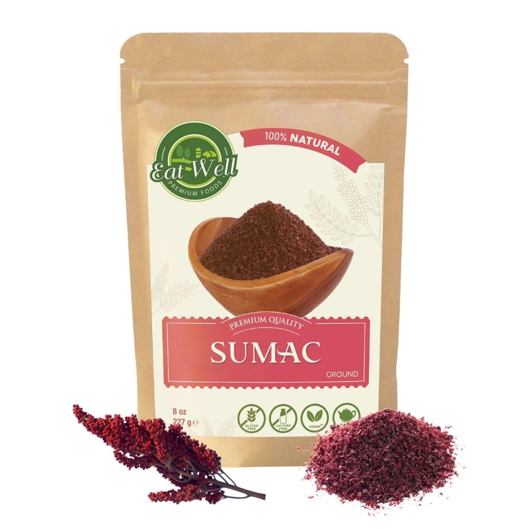 Eat Well Premium Foods Sumac Spice Powder 8 oz Ground Sumac Berries in Resealable Pack, 100% Natural Traditional Middle Eastern Spices, Sumac Seasoning with Pure Gourmet Ingredients for Cooking, Tangy and Citrusy