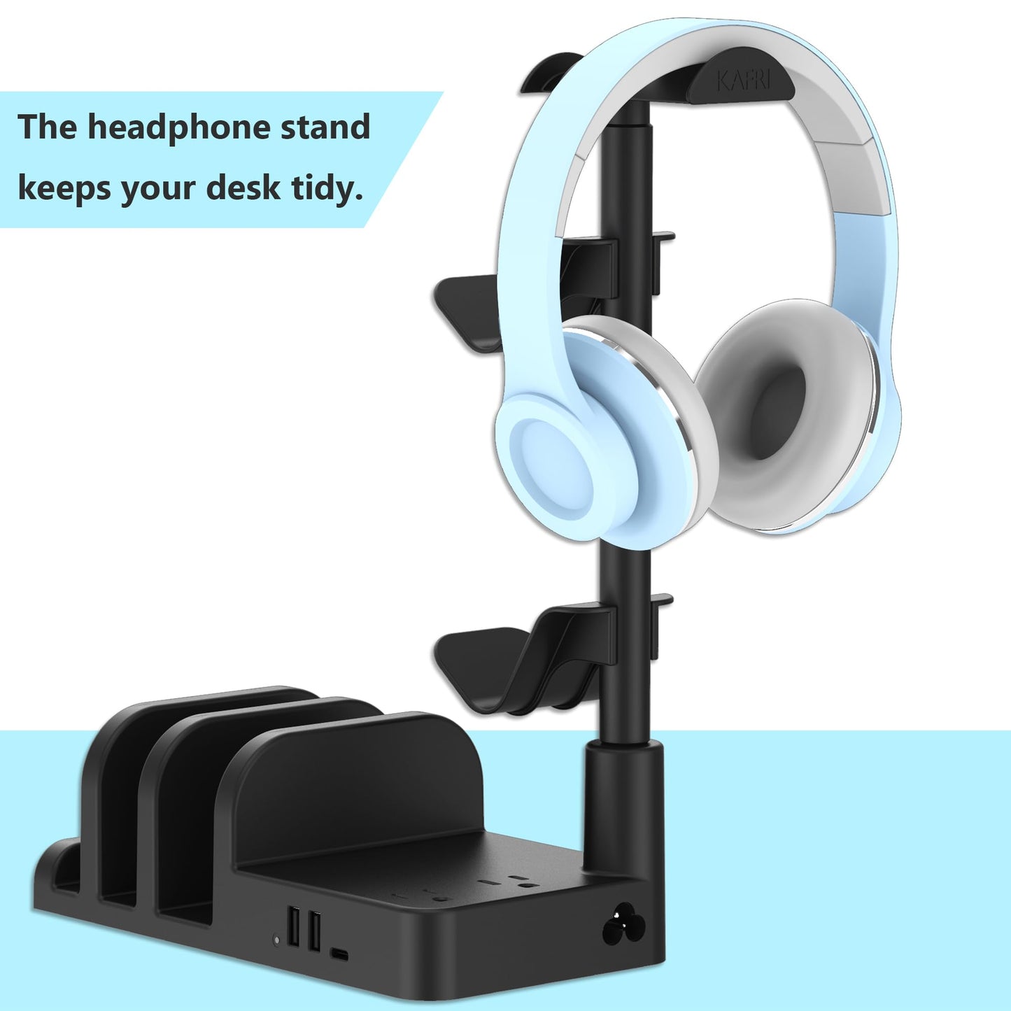 KAFRI Headphone and Controller Stand with USB A&C Charger, Desk Gaming Accessories Headset Holder with USB Charging Port and 2 AC Outlets, Switch/Phone Storage Organizer, Gamer Gift for Men Boyfriend