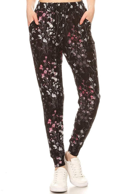 Leggings Depot JGA-R968-XL Crystal Bloom Print Jogger Pants w/Pockets, X-Large