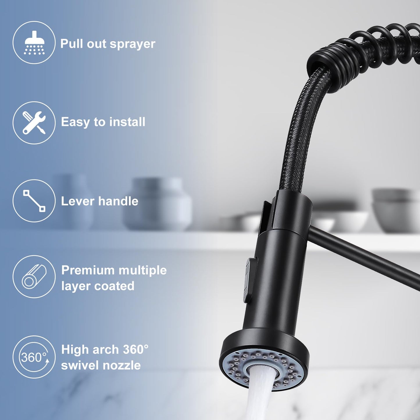DJS Kitchen Faucets with Pull Down Sprayer Matte Black - Dual Mode Setting Single Handle 1 or 3 Holes Commercial Black Kitchen Sink Faucet with Deck Plate for Farmhouse RV Vessel Basin