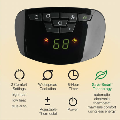 Lasko Portable Oscillating Ceramic Space Heater Tower with Digital Display, Remote Control, 2 Heat Settings and 8 Hour Timer, Gray