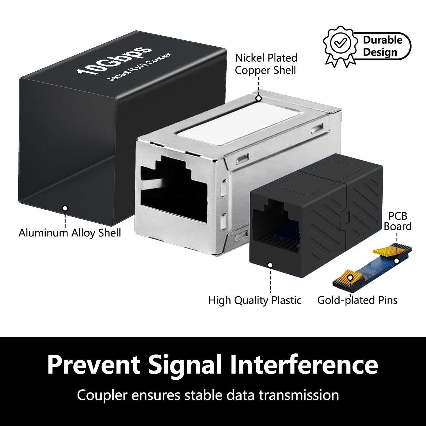 Jadaol RJ45 Coupler 10Gbps, Premium Gold Plated Shielded Ethernet Extender with PoE Support, 328ft Long Distance Extend, Ethernet Coupler Female to Female for Cat8 Cat7 Cat6a Cat6 Cable, 1 Pack Black