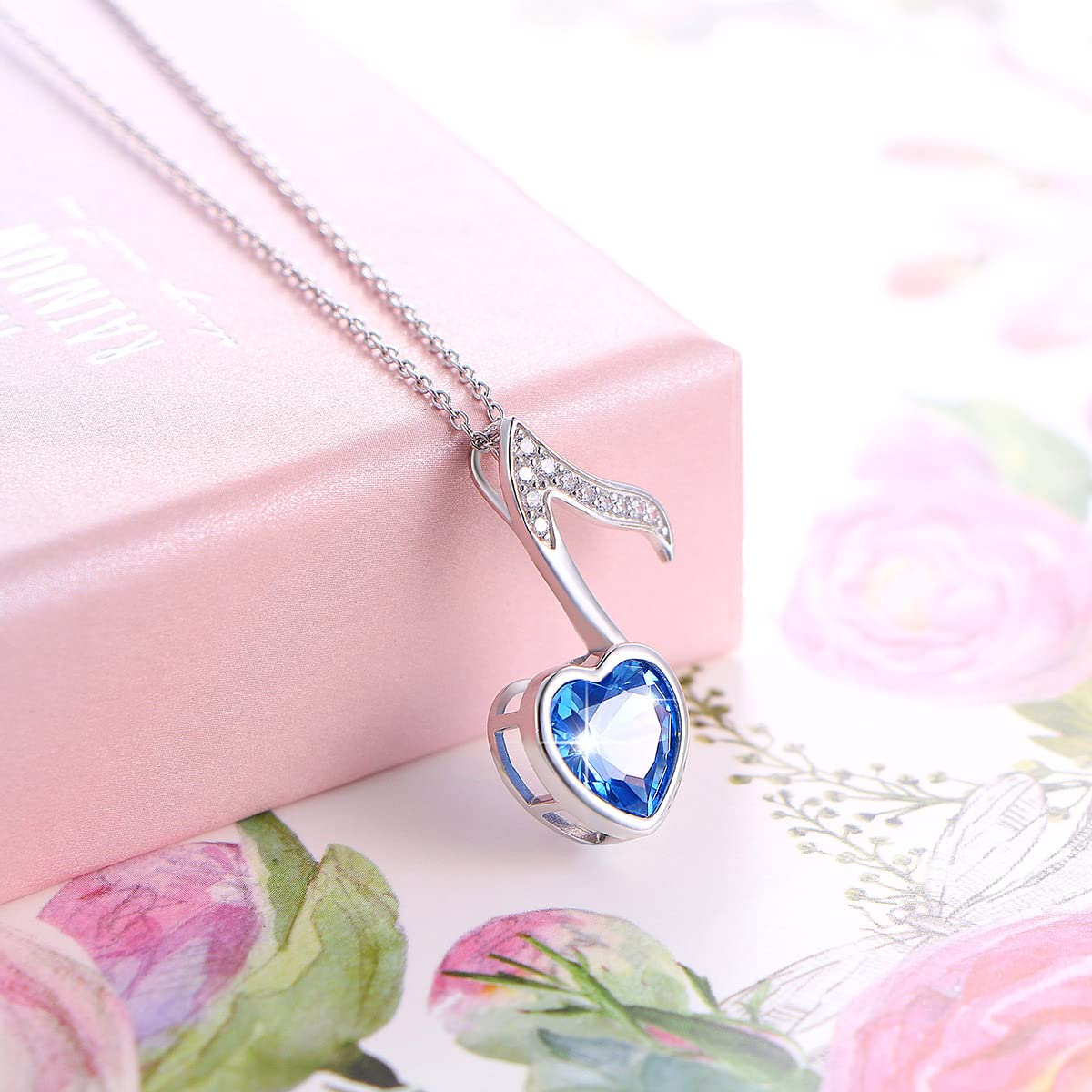 DAOCHONG Musical Jewelry 925 Sterling Silver Blue Cubic Zirconia Quaver Music Note Heart Pendant Necklace for Women Music Lover Gifts