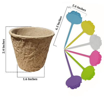 FDGARDEN Biodegradable Peat Pots for seedlings, 100 Pack Plant Seed Starter Pots Kit, 2.36inch Succulent Planter Nursery Pots with 10 Plant Markers, Garden Germination Kits
