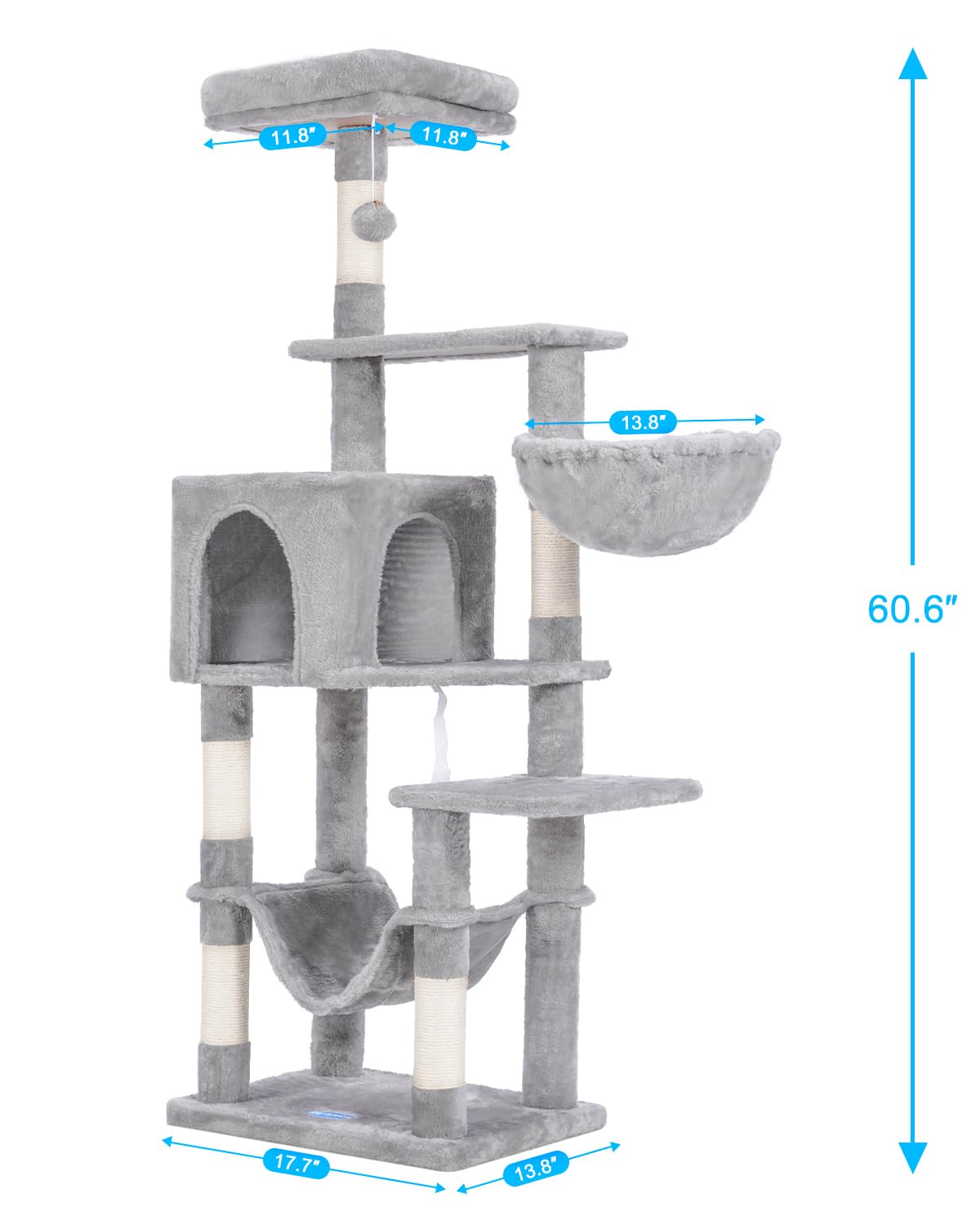 Hey-brother Cat Tree with Large Hammock, Multi-Level Cat Tower for Indoor Cats, Cat Condo with Sisal-Covered Scratching Posts and Top Perch, Light Gray MPJ050W