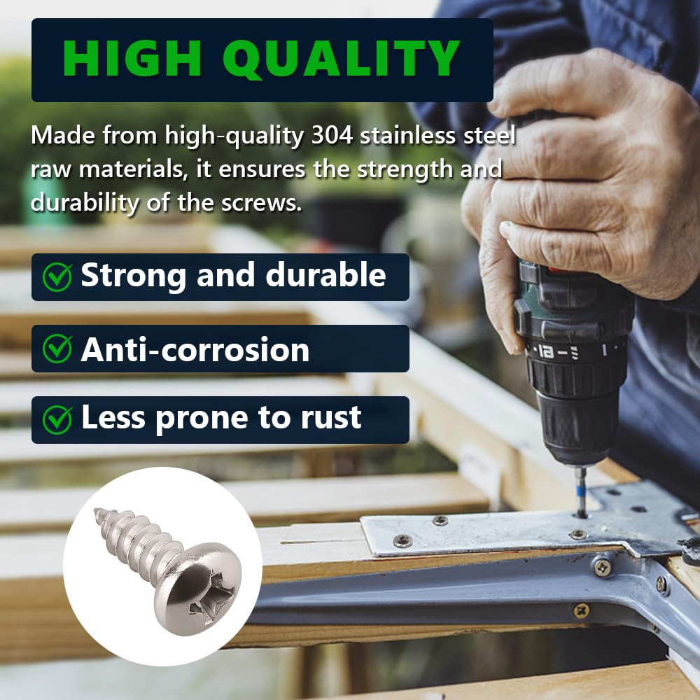 #8 x 1/2" (100 Pack) Stainless Steel Phillips Pan Head Wood Screws, Stainless Steel 304 (18-8), Pan Head Sheet Metal Screws Self Tapping for Wood