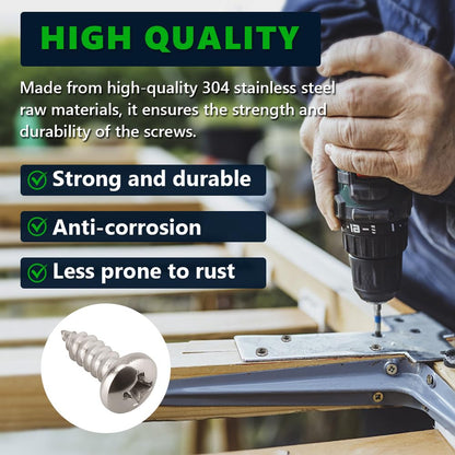 #8 x 1/2" (100 Pack) Stainless Steel Phillips Pan Head Wood Screws, Stainless Steel 304 (18-8), Pan Head Sheet Metal Screws Self Tapping for Wood