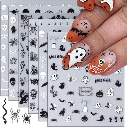 Halloween Nail Stickers, 6 Sheets Black Ghost Nail Decals 3D Self-Adhesive Small Horror Pumpkin Witches Bat Ghost Spider Halloween Pattern Black White Holiday Nail Art Design for Women Kids