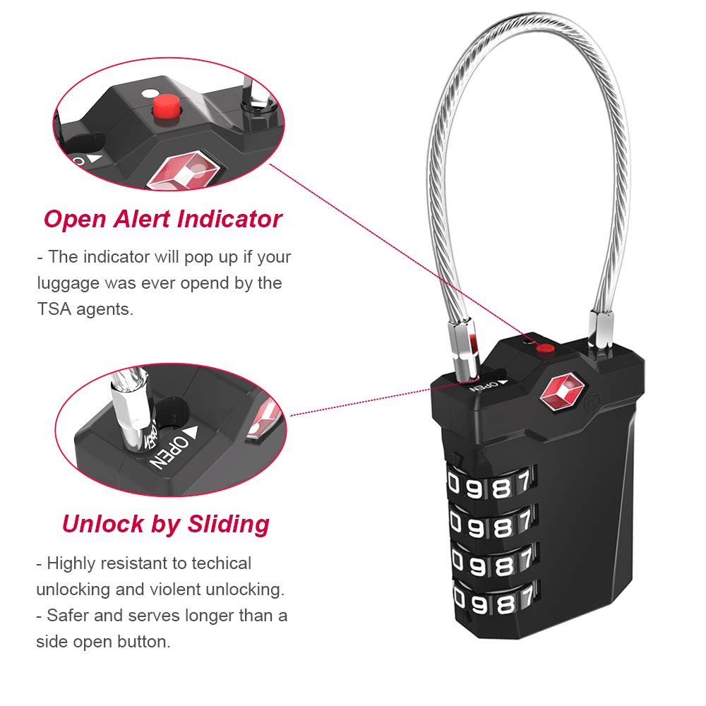 ZHEGE TSA Approved Luggage Lock, 1-Pack, Black, Combination Lock, 10,000 Combination Options, 5.5in Flexible Cable, Easy to Use, Secure & Solid, Suitable for Luggage, Backpacks, Briefcases
