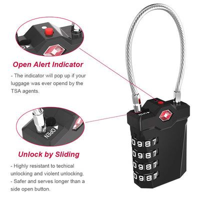 ZHEGE TSA Approved Luggage Lock, 1-Pack, Black, Combination Lock, 10,000 Combination Options, 5.5in Flexible Cable, Easy to Use, Secure & Solid, Suitable for Luggage, Backpacks, Briefcases
