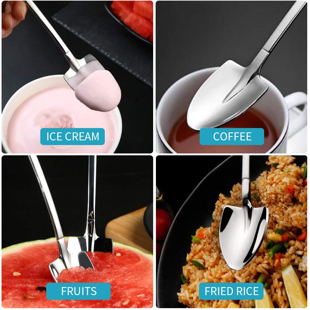 Dessert Spoon Cute Shovel Spoon, SUS304 Stainless Steel Spade Spoons Fruit Coffee Cake Spoon, Dishwasher Safe, 2pcs Spoons with Plastic Box Package
