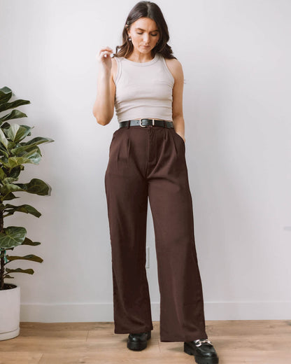 GRAPENT Business Pants - Old Money Style, High Waisted Wide Leg, Brown Chocolate Slacks for Women - Size XXL/20-22