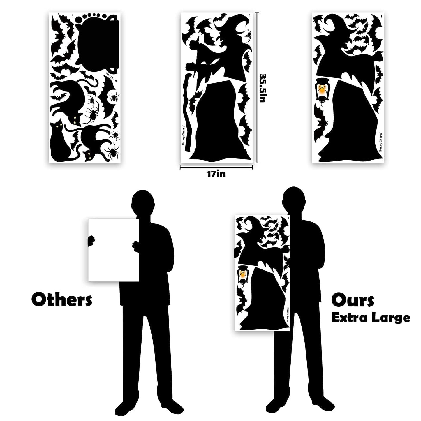 Halloween Decorations Window Clings Decor, Extra Large Witches with Black Cat Bats Spider Cauldron Silhouette Halloween Window Stickers Decals Indoor Outdoor, School Home Office Party, 3 Sheets