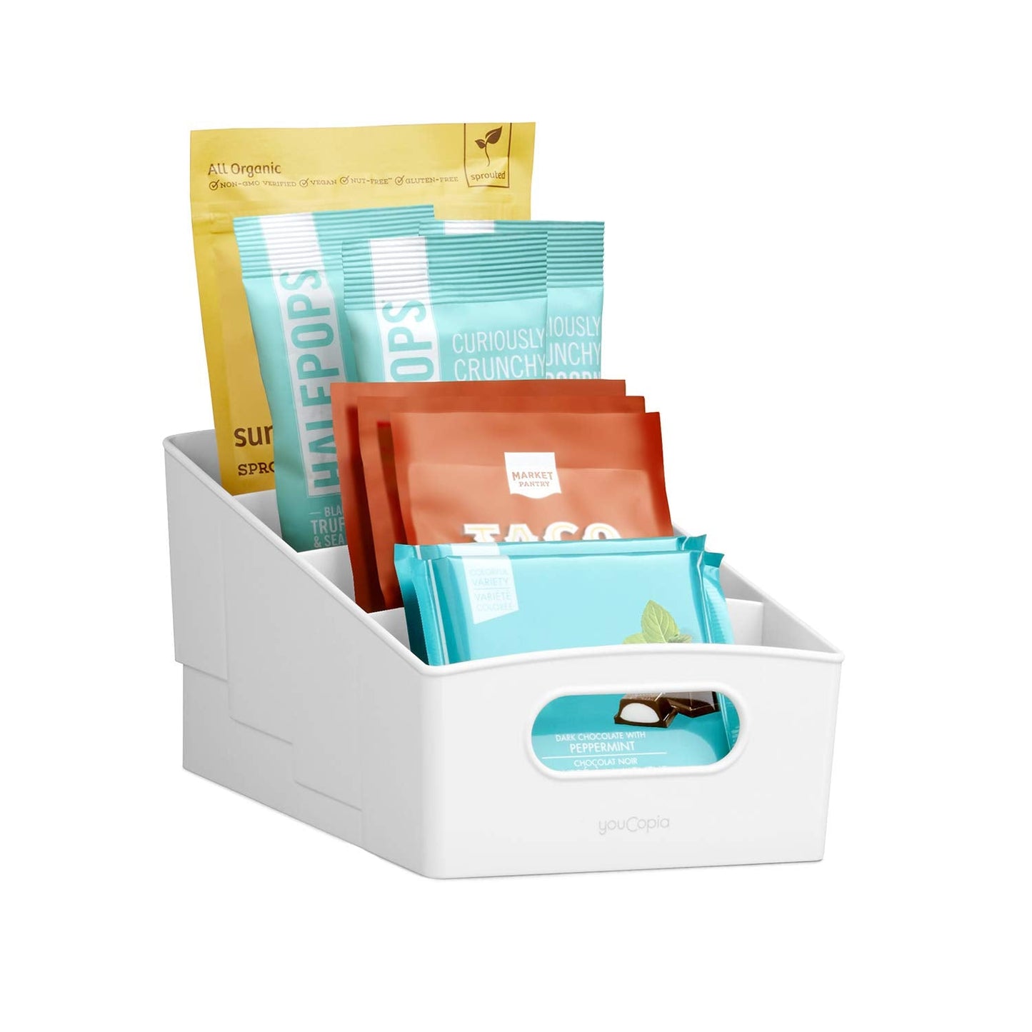 YouCopia ShelfBin Packet Organizer, 4-Tier Stairstep Raised Divided Bin, BPA-Free Storage Caddy for Kitchen Pantry and Cabinet Organization, Tea Bags, Medicine, and More