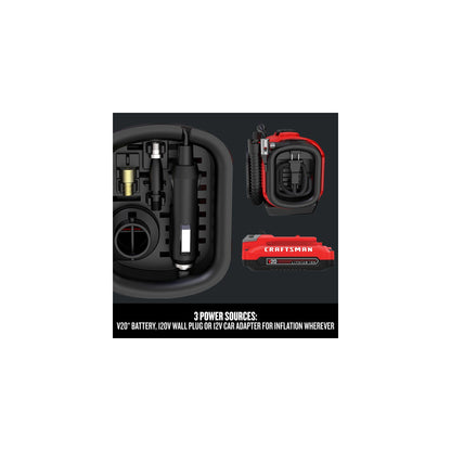 CRAFTSMAN V20 Tire Inflator, Portable Air Compressor, 3 Modes: Cordless, 120V Corded, and 12V Car Adapter, Air Pump, Battery Sold Separately (CMCE520B)