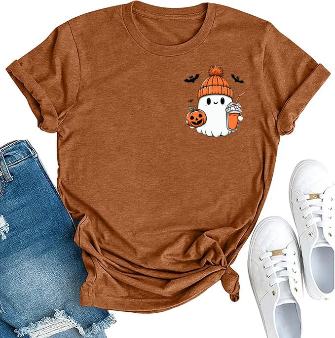 Halloween Ghost Shirt for Womens Fall Graphic Tee Shirt Pumpkin Coffee Halloween Party Clothing (Brown3, XXL)