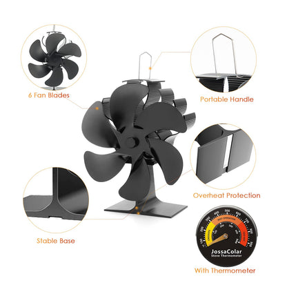 JossaColar Wood Stove Fan Heat Powered Fireplace Fan Non Electric, Thermal Fan for Wood Burning Stove/Pellet/Log Burner, w/Stove Accessories Thermometer