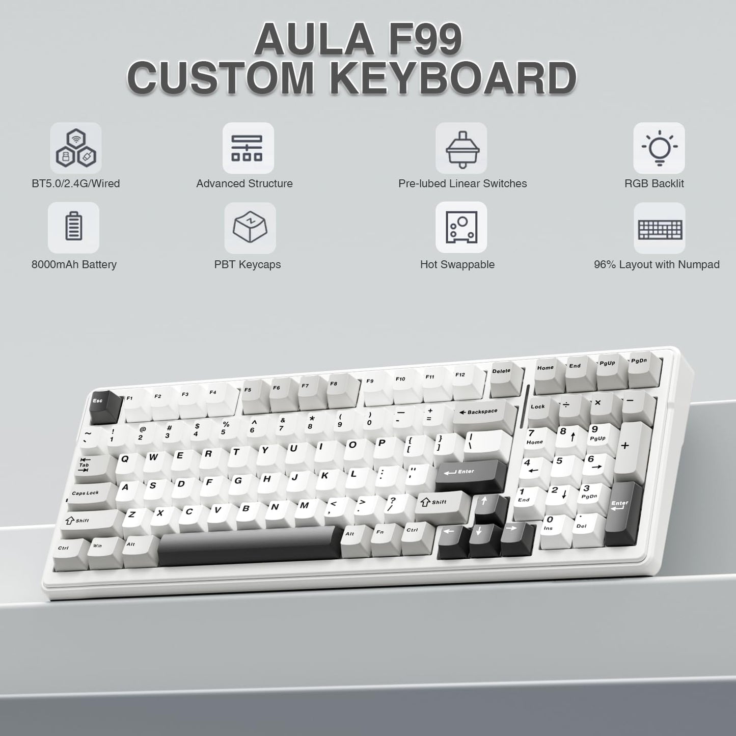 AULA F99 Wireless Mechanical Keyboard,Tri-Mode BT5.0/2.4GHz/USB-C Hot Swappable Custom Keyboard,Pre-lubed Linear Switches,RGB Backlit Computer Gaming Keyboards for PC/Tablet/PS/Xbox