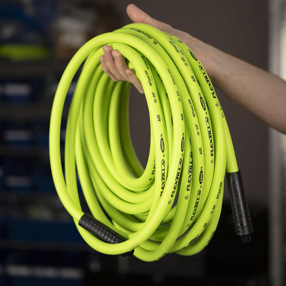 Flexzilla Air Hose, 3/8 in. x 50 ft., 1/4 in. MNPT Fittings, Heavy Duty, Lightweight, Hybrid, ZillaGreen - HFZ3850YW2