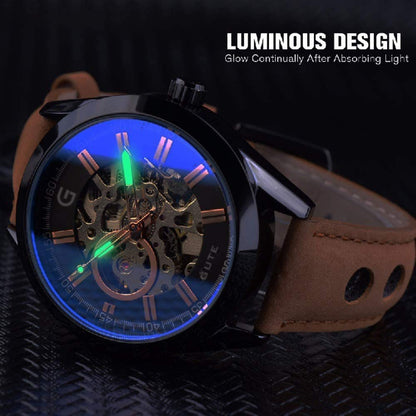 Gute Mens Watches, Mechanical Skeleton Automatic Self-Winding Steampunk Watch for Men, Casual Clock Brown Leather Wrist Watch