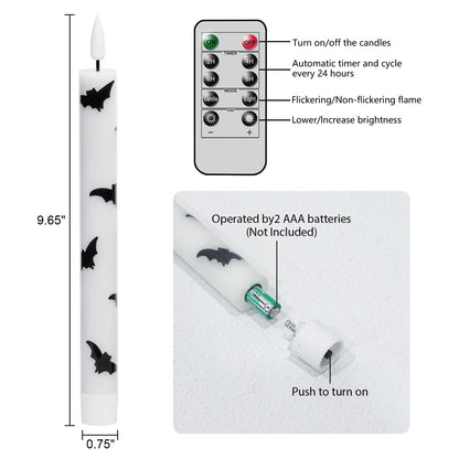 Lasumora Halloween Flameless Taper Candles with Remote Timer, 4 Pack LED Flickering Candlestick, 9.65 Inch Battery Operated Real Wax Candles with Bat Prints for Halloween Decorations