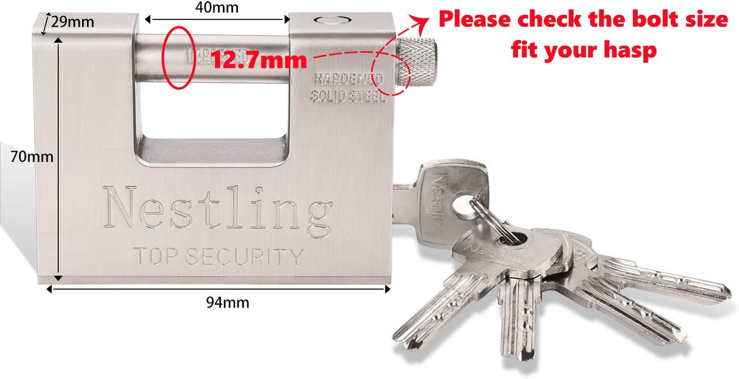 94mm Padlock with Key, High Security 5 Keys Heavy Duty 1.1 KG D-Shaped Solid Brass Outdoor Keyed Padlock - Protect Garage Door, Containers, Shed, Shutter, Gate and Warehouse