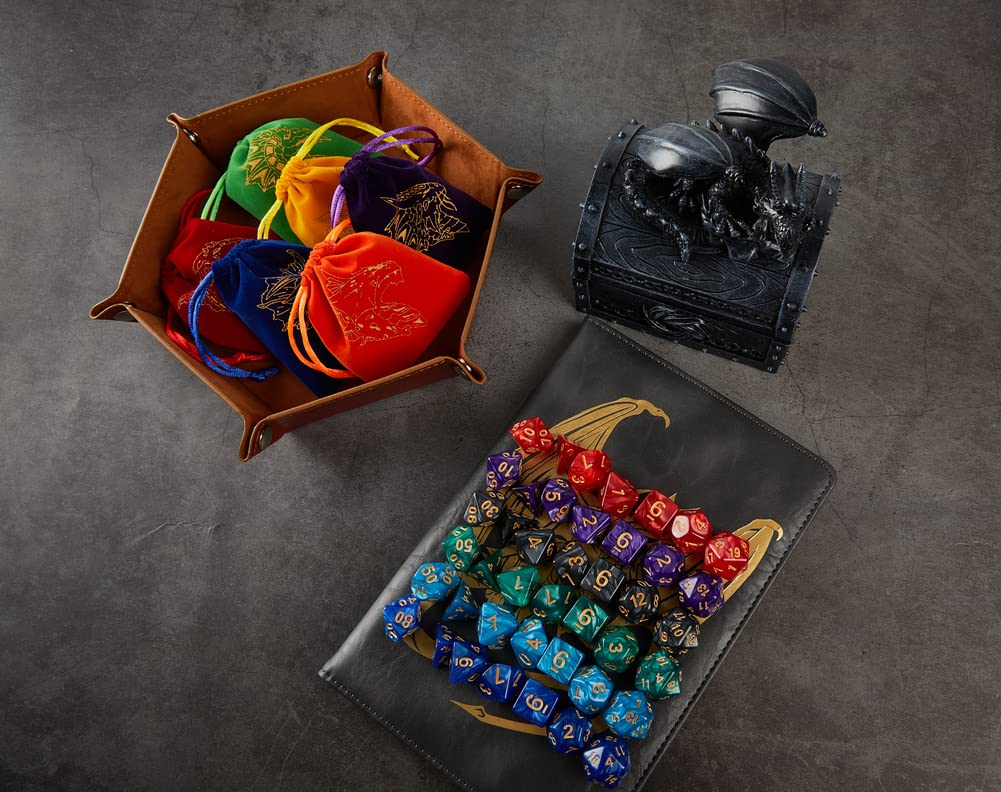 DND Dice Set 42 Pcs Polyhedral Dungeons and Dragons Rolling Dice for D&D RPG MTG Table Games Dice Bulk with Colorful Drawstring Bags and Dice Tray (Single)