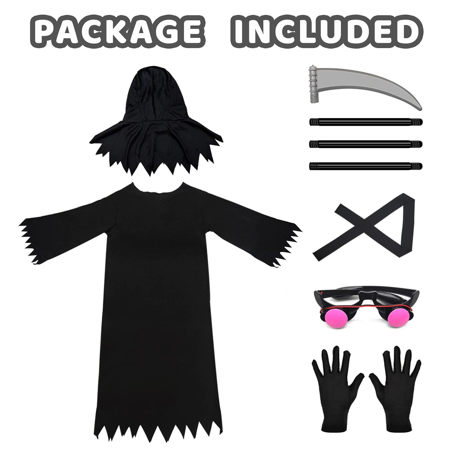 Grim Reaper Halloween Costume with Glowing Red Eyes for Kids, Scythe Included