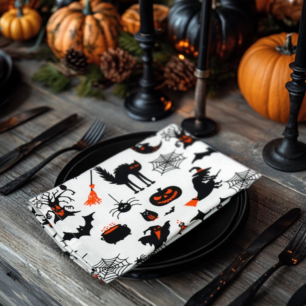 COTTON CRAFT Halloween Cloth Napkins - Spooky Hocus Pocus Dinner Napkins - Set of 12 Pure Cotton Reusable Washable Napkin - Halloween Decorations - Halloween Party Décor - 17 x 17 - Black White Orange