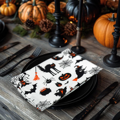 COTTON CRAFT Halloween Cloth Napkins - Spooky Hocus Pocus Dinner Napkins - Set of 12 Pure Cotton Reusable Washable Napkin - Halloween Decorations - Halloween Party Décor - 17 x 17 - Black White Orange