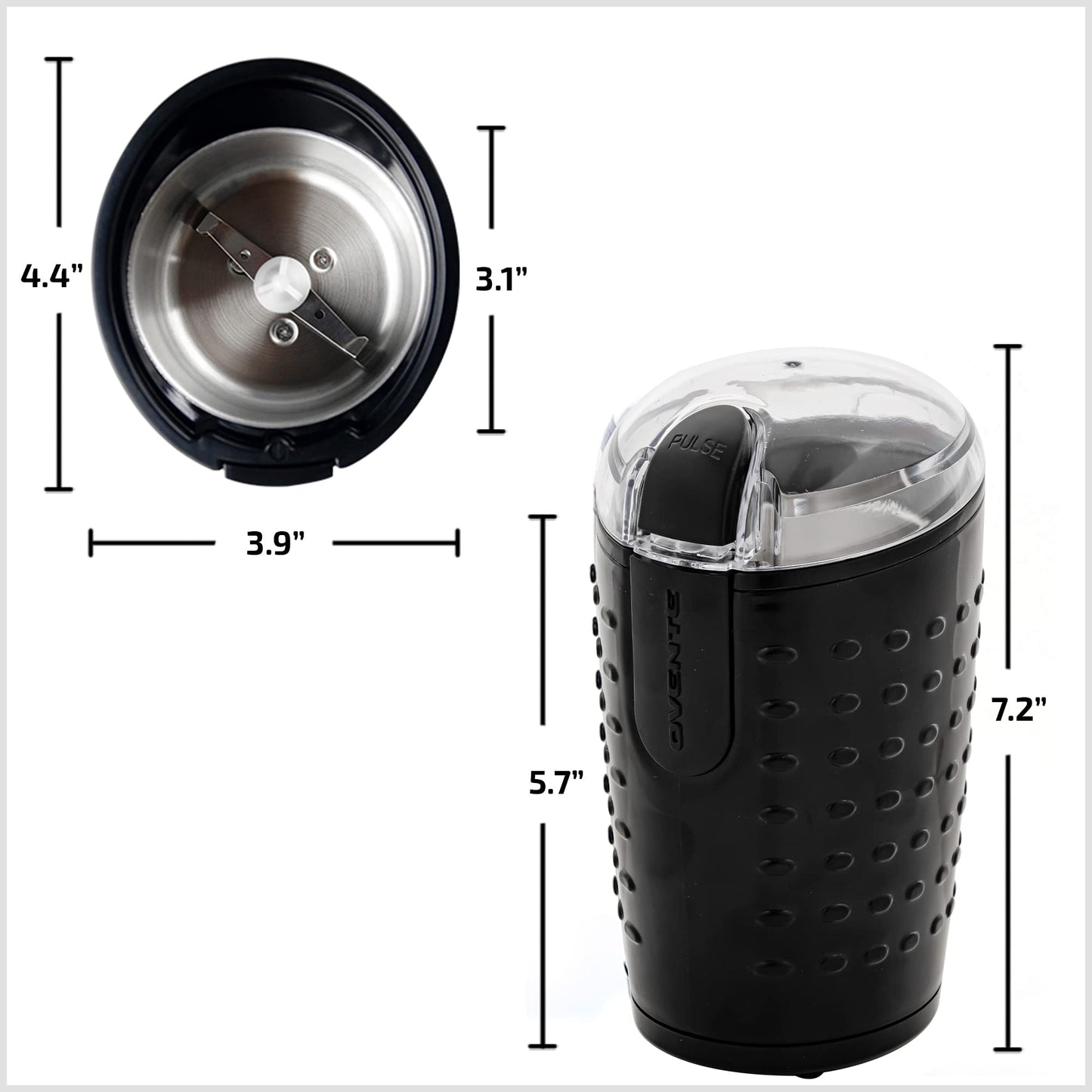OVENTE Electric Coffee Grinder for Beans, Spices and More, 2.5Oz Compact Grinding Mill, Spice Grinder with Stainless Steel Blade, Pulse Button Operation and Transparent Easy to Open Lid, Black CG225B