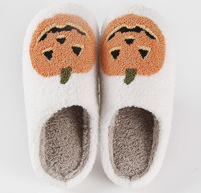 HIPINISS Halloween Pumpkin Slippers for Women Men Halloween Spooky Lantern Pumpkin Plush Warm Slippers Indoor Outdoor Memory Foam House Home Winter Shoes,Pumpkin White 43-44