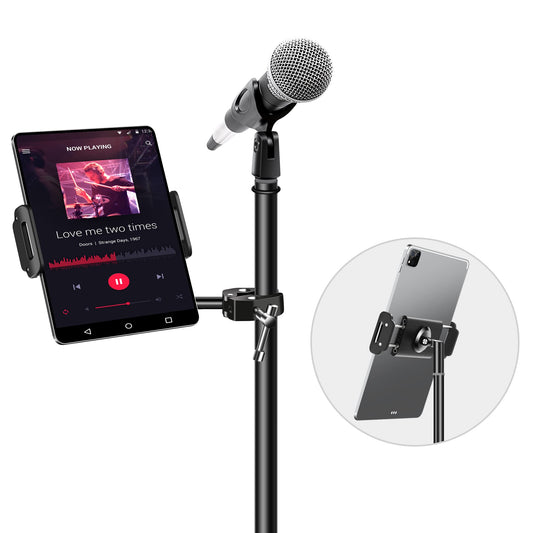 elitehood Aluminum iPad Holder for Mic Stand, Side Mount iPad Music Stand Holder for Microphone, 360° Swivel Tilt Adjustable Mic Tablet Mount for 4-13in iPhone, Cell Phones and Tablets