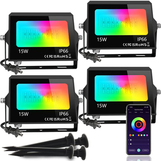 4 Pack RGB LED Flood Light with Stake, Outdoor DIY Color Changing Stage Party Lights 150W Equivalent 2700K-6500K White Light Dimmable RGB Colored Spotlighs Uplight for Events by App Control