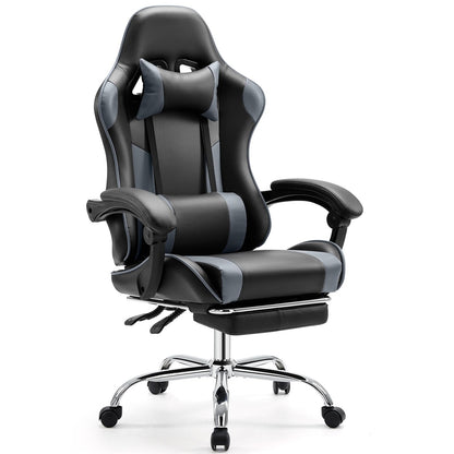 Elevon Ergonomic Video Game Computer Chairs with Footrest & Comfortable Lumbar Support,Height Adjustable Reclining Chair in PU Leather with Headrest and Fixed Armrests, 360° Swivel, Black&Grey