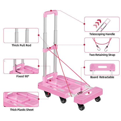 Folding Hand Truck, Foldable Cart for 500 lbs Heavy Luggage, Hand Truck Dolly, 6-Wheel Foldable Dolly with 2 Ropes, Ideal for Home, Office, and Travel Moving (Pink)