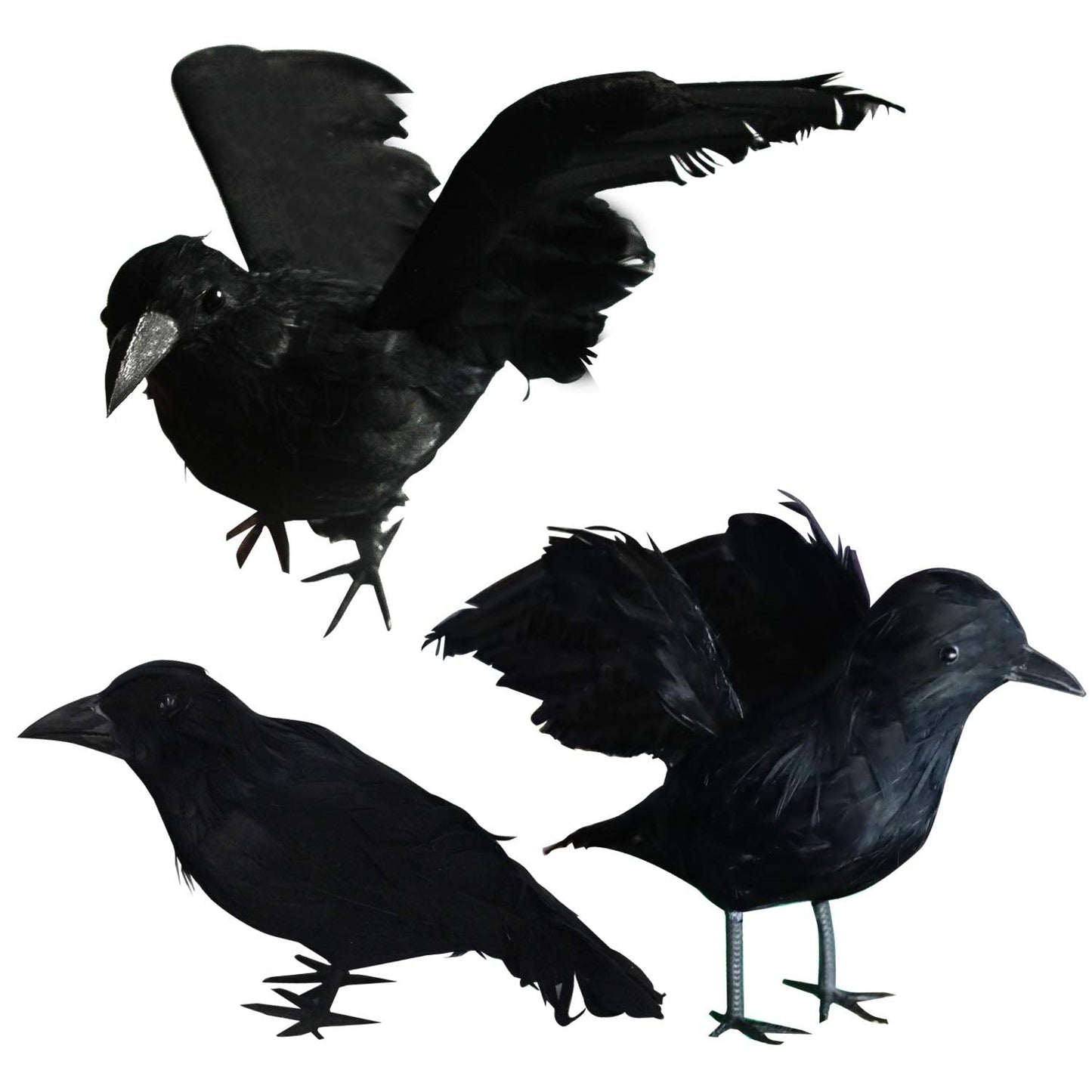 FUNPENY Halloween Black Feathered Crows, 3 Pack Black Crows with Real Feather Halloween Decoration for Indoor Outdoor